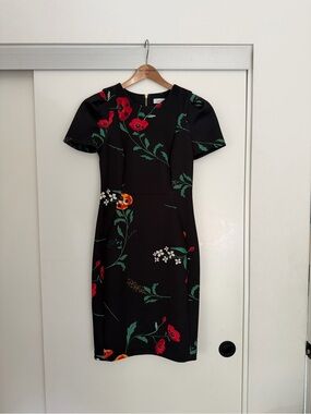 Calvin Klein Black Floral Sheath Dress with Red & Green Accents